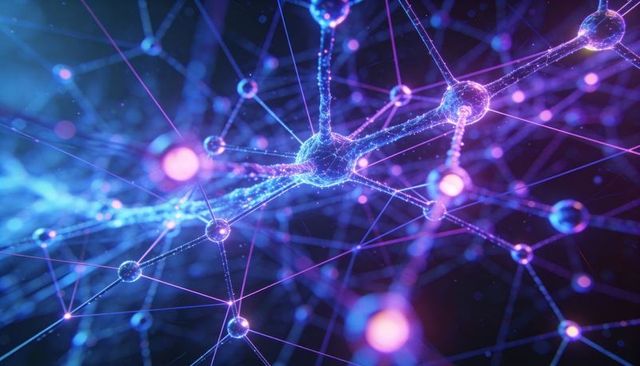 Radiating Neon Neural Network Connecting Glowing Nodes in Futuristic Digital Grid