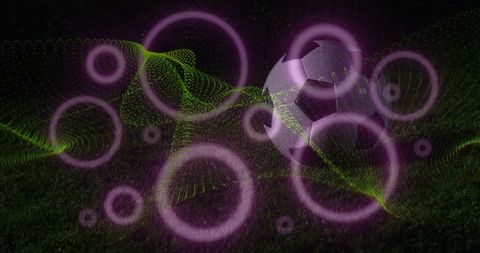 Digital Neon Art Over Soccer Ball in Stadium Setting