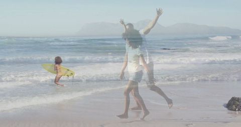 Family Beach Playtime with Surfboard and Joyful Atmosphere