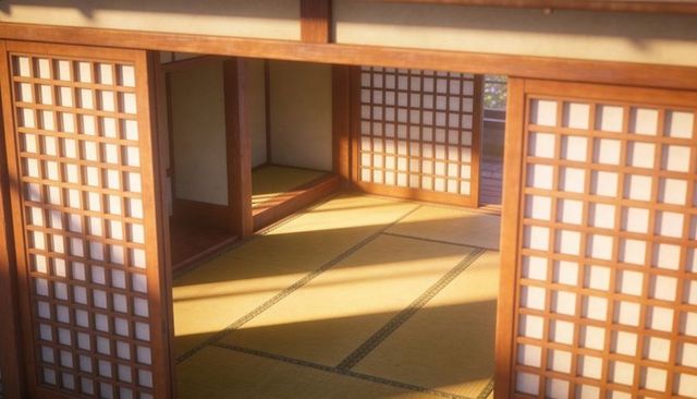 Sunlit tatami room with shoji doors, tokonoma alcove and engawa veranda, japanese minimalism
