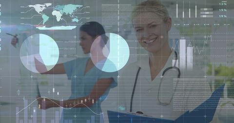 Smiling Medical Professionals Analyzing Digital Data in Modern Clinic