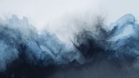 Swirling navy ink waves rising into foggy horizon with watercolor texture and moody gradient