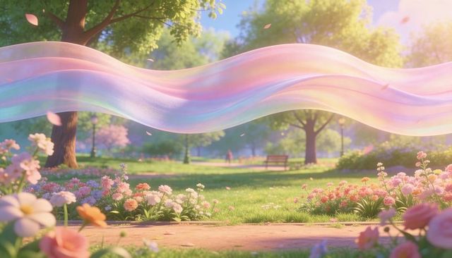 Iridescent pastel ribbon floating over sunlit park with blooming flowers and petals