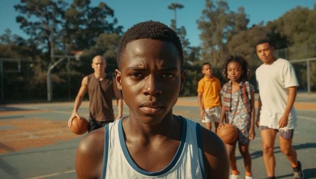 Focused Teenage Basketball Player on Courtside with Friends