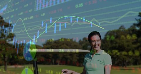 Woman on golf course with financial data overlay background