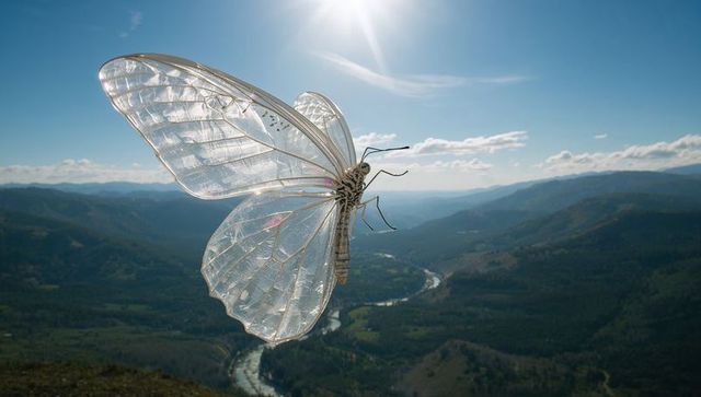 Hovering translucent glasswing butterfly backlit over mountain valley with winding river