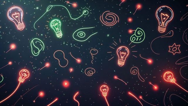 Futuristic Neon Bulbs and Abstract Patterns on Dark Digital Background