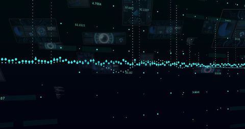 Streaming Cyan Data Waveform Across Futuristic HUD Dashboard With Analytics Panels