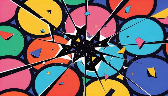 Vibrant geometric mural featuring shattered starburst and vivid color discs covering wall