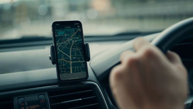 Driver navigating route using smartphone gps mounted on car dashboard morning commute