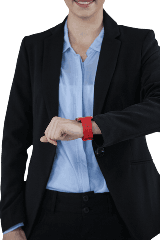 Businesswoman Smiling While Checking Red Smartwatch on Transparent Background