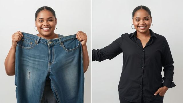 Smiling woman holding oversized jeans wearing black shirt, weight loss transformation