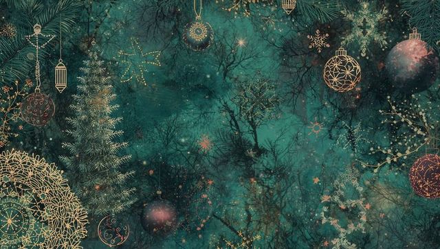 Elegant golden ornaments on teal background for festive spirit