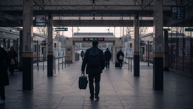 Commuter Walking Through Urban Train Station Carrying Suitcase and Backpack at Dusk