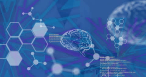 Digital Brain with Data Processing Overlay on Science Background