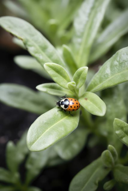 Ladybird on green plant, created using generative ai technology. Ecology, nature and harmony, digitally generated image.