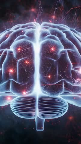 Rotating Brain 3D Model Revealing Glowing Neural Nodes in Futuristic Vertical Tech Visual