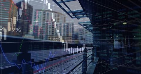 Riverside promenade merging with financial candlestick charts, urban waterfront technology