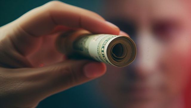 Holding tightly rolled us dollar bill focus on currency