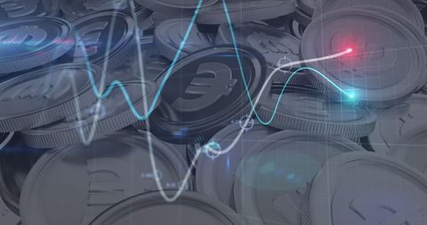 Euro currency coins with financial data visualization