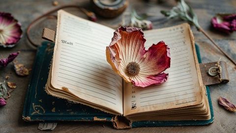 Vintage journal with dried flowers and rustic elements