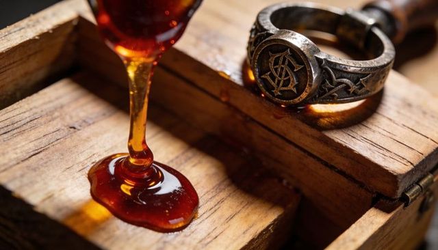 Pouring amber resin forming glossy pool on rustic wooden crate beside ornate signet ring