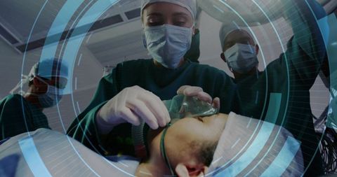 Surgical team administering anesthesia to patient in operating room with hud overlay