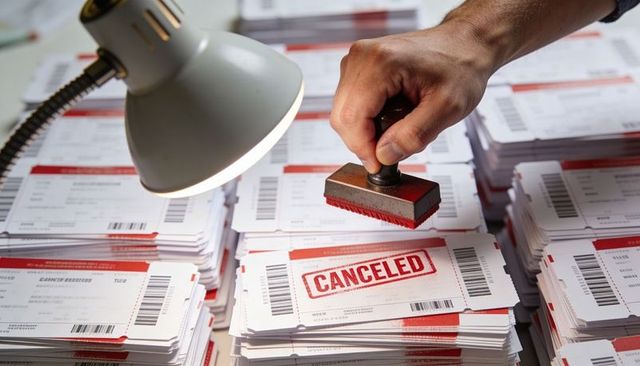 Red canceled rubber stamp marking stacked event tickets on office desk under lamp light