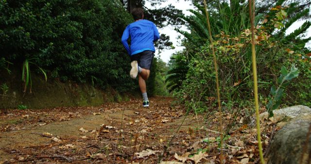 Man Running on Forest Trail Wearing Blue Jacket - Download Free Stock Images Pikwizard.com