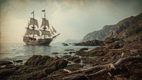 Historic sailing pirate ship against rugged rocky shoreline at sunset