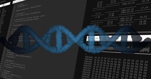 Deep Blue DNA Helix Overlaying Coding Interface and Hex Dump Representing Genome Encryption