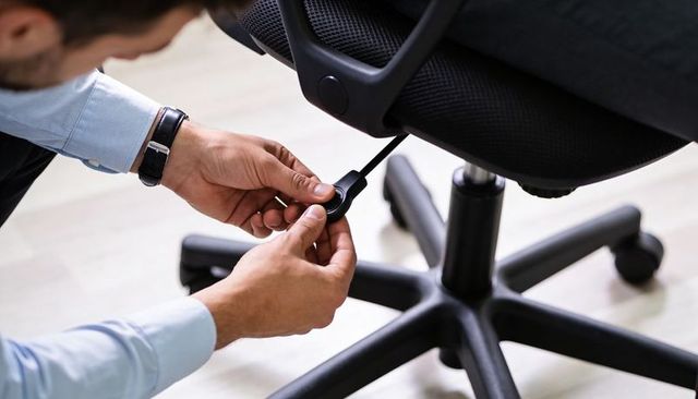 Office worker adjusting ergonomic mesh chair height with round tension knob under seat