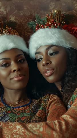 Leaning in on sofa while swiping lens to clear view wearing Santa hats | Cozy holiday friends video