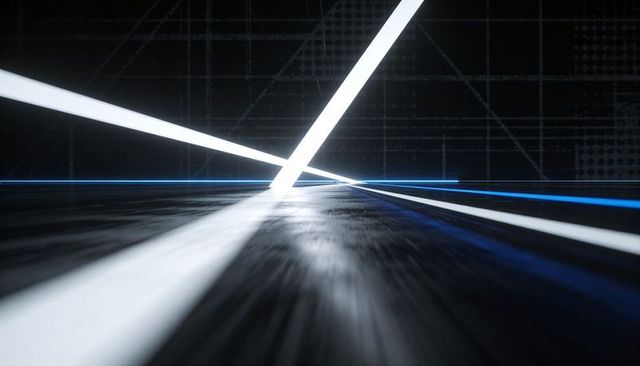 Futuristic diagonal light beams converging on reflective floor with neon blue accents