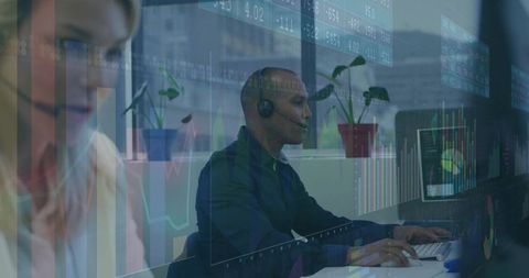 Business Professional Using Headset and Computer with Financial Analytics