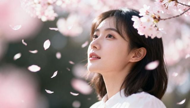 Young asian woman gazing at falling cherry blossom petals in spring bokeh, serene pastel portrait