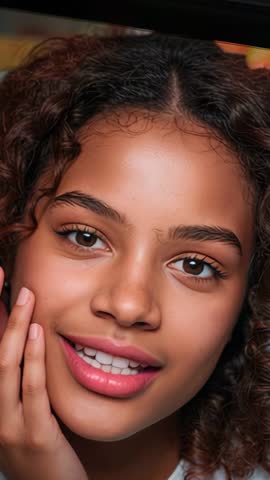 Vertical video of smiling teenage girl speaking to camera in studio close-up