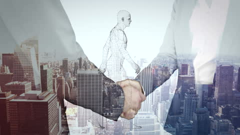 Digital Collaboration Concept with Business Handshake and Cityscape
