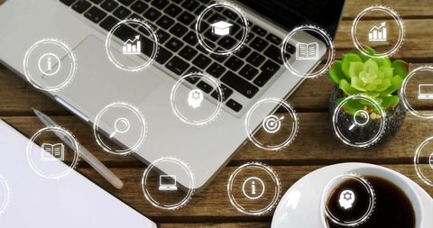 Laptop with Digital Network Icons for Business and Finance Connection