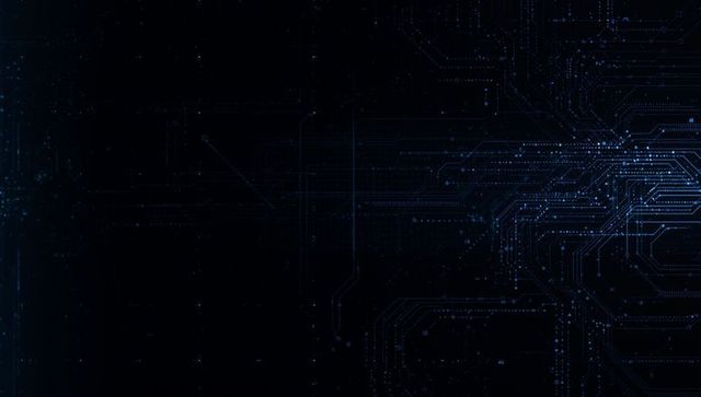 Futuristic electric blue digital circuitry on black background