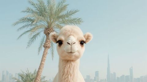 Light-furred camel in urban desert landscape with dubai skyline