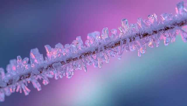 Hoarfrost crystals glinting on twig with pastel pink and blue bokeh
