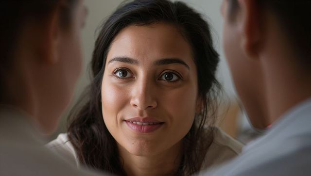 Young woman listening intently during close conversation portrait warm natural light