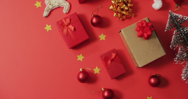 Christmas Gifts and Decorations on Red Background - Download Free Stock Photos Pikwizard.com