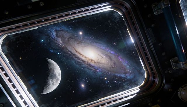 Viewing vivid spiral galaxy and crescent moon through spacecraft observation window