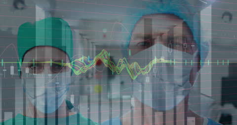 Medical Professionals Analyzing Data with Financial Graph Overlay