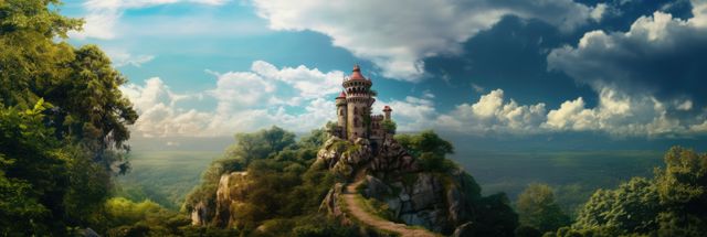 Tower and forest over blue sky with clouds, created using generative ai technology. Fantasy, fairy tale and landscape concept digitally generated image.