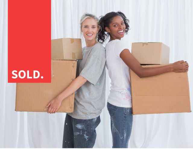 Two Women Celebrating Home Purchase Holding Moving Boxes - Download Free Stock Templates Pikwizard.com