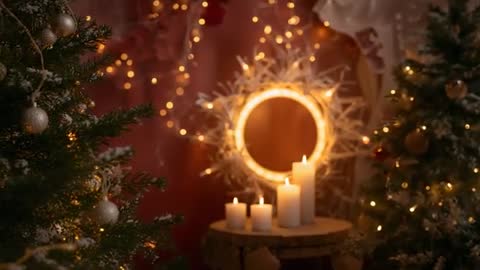 Camera moving closer to cozy Christmas corner with glowing pillar candles and wreath