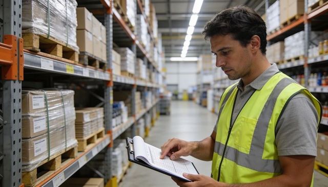 Warehouse inspector checking inventory on clipboard in racking aisle wearing safety vest